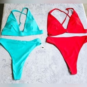 133.🆕Med Bundle Aqua and Red Thong Bikini Set Criss Cross Adjustable Straps